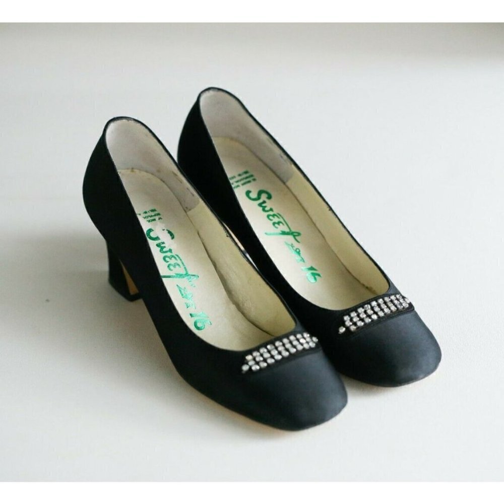 Vintage Hand Made Back Satin Rhinestone Slip on Heels 6.5